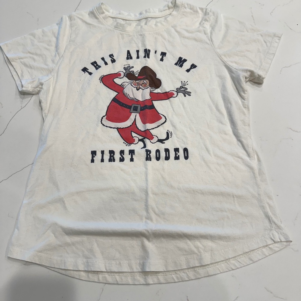 Mighty Fine Womens Santa First Rodeo Christmas Graphic T-Shirt Cream Small
